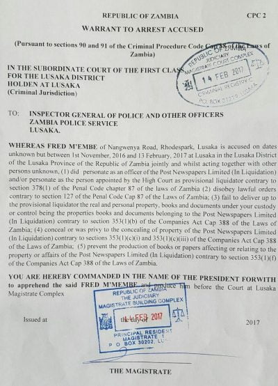 Fred M'membe's warrant of arrest