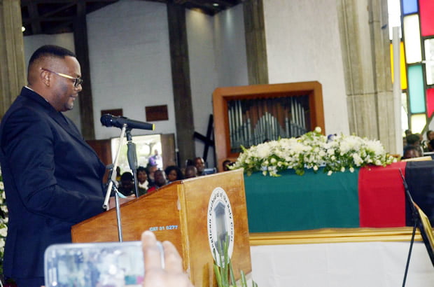Zambia's High Commissioner to South Africa Emmanuel Mwamba speaks during funeral church service for Regina at Cathedral of the Holy Cross in Lusaka-picture by Tenson Mkhala
