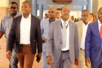 Kaizer Zulu (c) arrives at Lusaka Magistrates Court -Picture by Tenson Mkhala