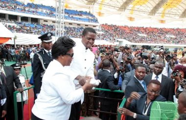 President Edgar Lungu and wife Esther during the signing of the Amended Constitution at Heroes Stadium in Lusaka-picture by Tenson Mkhala