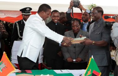 President Edgar Lungu with former Justice minister Ngosa Simbyakula during the signing of the Amended Constitution at Heroes Stadium in Lusaka
