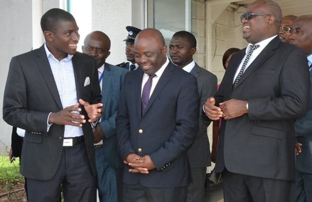 Speaker of the National Assembly Patrick Matibini (r), Home Affairs minister Stephen Kampyongo and Itezi-tezi MP Greyford Moonde at Parliament building in Lusaka