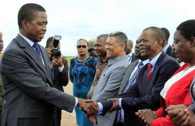 President Edgar Lungu greets Francis Katema at KKIA in Lusaka-Picture by Tenson Mkhala