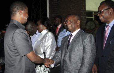 President Edgar Lungu greets former Education minister Michael Kaingu at KKIA-Picture by Tenson Mkhala