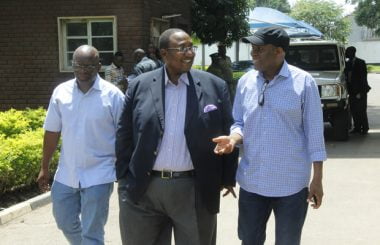 UPND vice president Geoffrey Mwamba with Fred M'membe at Central Police-picture by Tenson Mkhala
