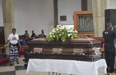 Late Joe Chibangu's casket at Lusaka's Mulungushi Conference Center yesterday