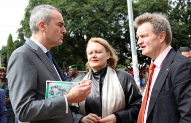 French Ambassador to Zambia Emmanuel Cohet ( r) speaks to UN resident coordinator Janet Rogan and Finnish ambassador to Zambia Timo Olkkonen during Youth Day celebrations in Lusaka-picture by Tenson Mkhala