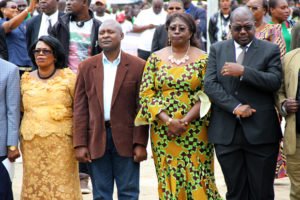 L-r: Higher Education minister Nkandu Luo, PF deputy spokesperson Frank Bwalya, Emerine Kabanshi and Health minister Dr Chitalu Chilufya during Youth Day celebrations in Lusaka-picture by Tenson Mkhala