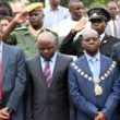 Home Affairs minister Stephen Kampyongo among the ministers, Lusaka Mayor Wilson Kalunga and Lusaka Province minister Justine Mwakalombe (r) at the Youth Day celebrations in Lusaka-picture by Tenson Mkhala