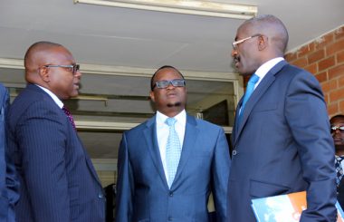 L-r: Lawyer Robert Simeza, Gilbert Phiri and Mulambo Haimbe at Lusaka High Court-picture by Tenson Mkhala
