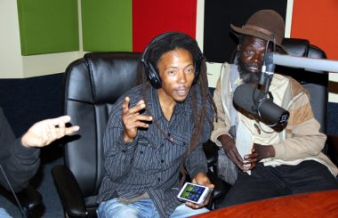 Human Rights Activist Maiko Zulu on UNZA radio when he featured on Lusaka Star program as artist Chris Khuzuwayo looks on-picture by Tenson Mkhala