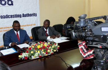 IBA acting director Eustace Nkandu and Finance manager Peter Lesa during a press briefing in Lusaka-picture by Tenson Mkhala