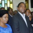 UPND leader Hakainde Hichilema, wife Mutinta and his deputy Geoffrey Bwalya Mwamba at Regina's requiem mass in Lusaka-picture by Tenson Mkhala