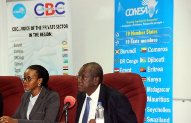 COMESA assistant secretary general Ambassador Dr Kipyego Cheluget with COMESA Business Council chief executive officer Sandra Uwera at a press briefing-picture by Tenson Mkhala