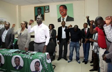 PF deputy secretary general Mumbi Phiri with party members during a press briefing at the party Secretariat in Lusaka-picture by Tenson Mkhala