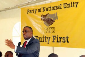 Former Bweengwa UPND member of parliament Highvie Hamududu speaks during the launch of his new political party called Pjarty of National Unity in Lusaka-picture by Tenson Mkhala