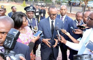 Rwanda President Paul Kagame speaks to journalist shortly after laying a wreath at late president Michael Chilufya Sata, late president Levy Patrick Mwanawasa, and late president Frederick Chiluba’s graves at Embassy Park in Lusaka- Picture by Tenson Mkhala