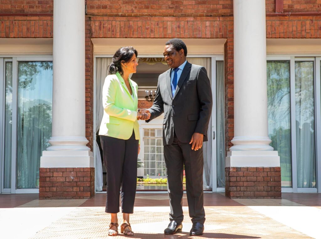 President Hakainde Hichilema with French Minister of State for Development Chrysoula Zacharopoulou at State House – Picture credit: President Hichilema’s official Facebook page