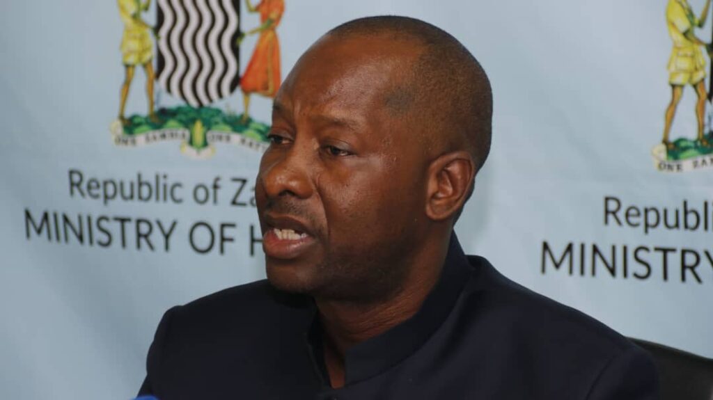 Minister of Water and Sanitation Mike Mposha making his remarks during a Cholera update press briefing at the Ministry of health headquarters in Lusaka yesterday-Picture by Chongo Sampa