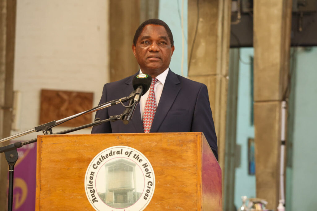 President Hakainde Hichilema speaking during the funeral church service for Dr Sacik at the Anglican Cathedral a – Picture credit HH’s official Facebook page