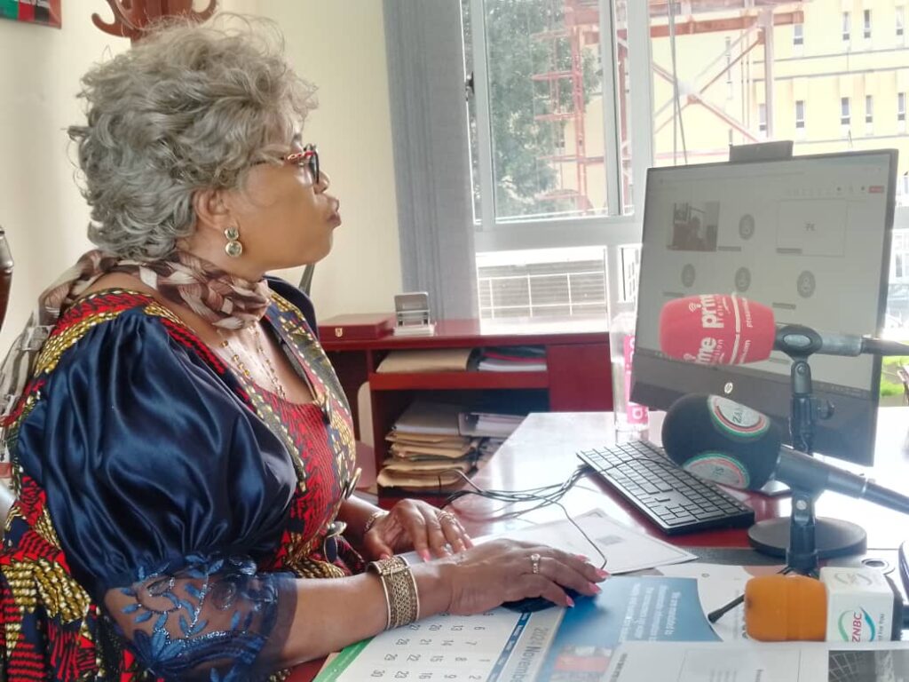 Lusaka Province Minister Sheal Mulyata in her office giving her remarks during the 3rd Quarter Provincial Development Coordinating Committee (PDCC) virtual meeting held on Monday, December 16, 2024. Picture by Mazombwe Banda