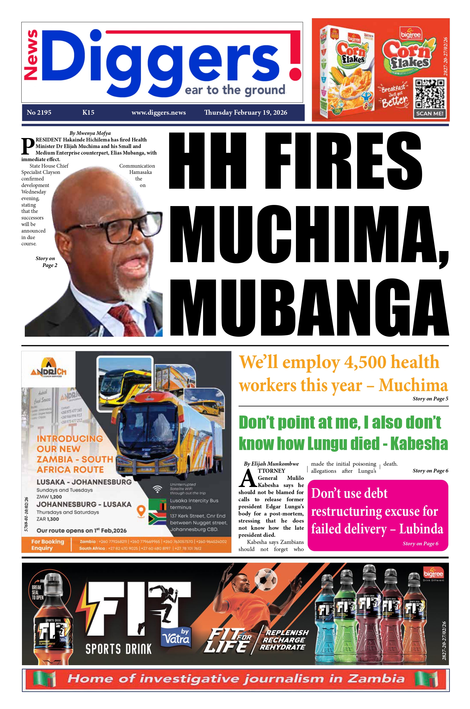 News Diggers Edition 2195 Thursday February 19, 2026 – Zambia: News Diggers!