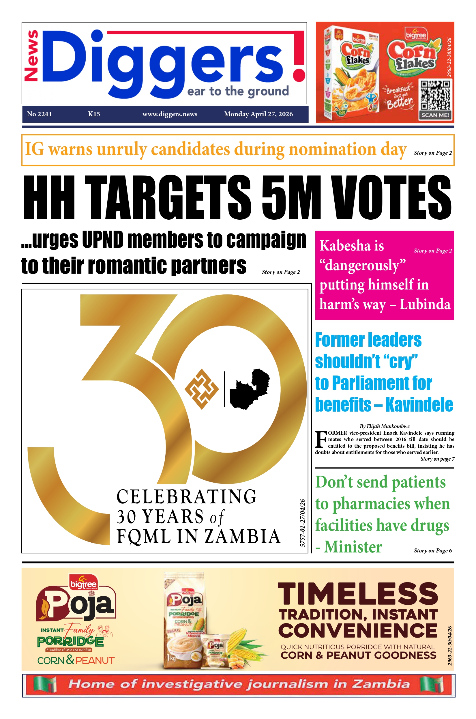 News Diggers Edition 2241 Monday April 27, 2026 – Zambia: News Diggers!