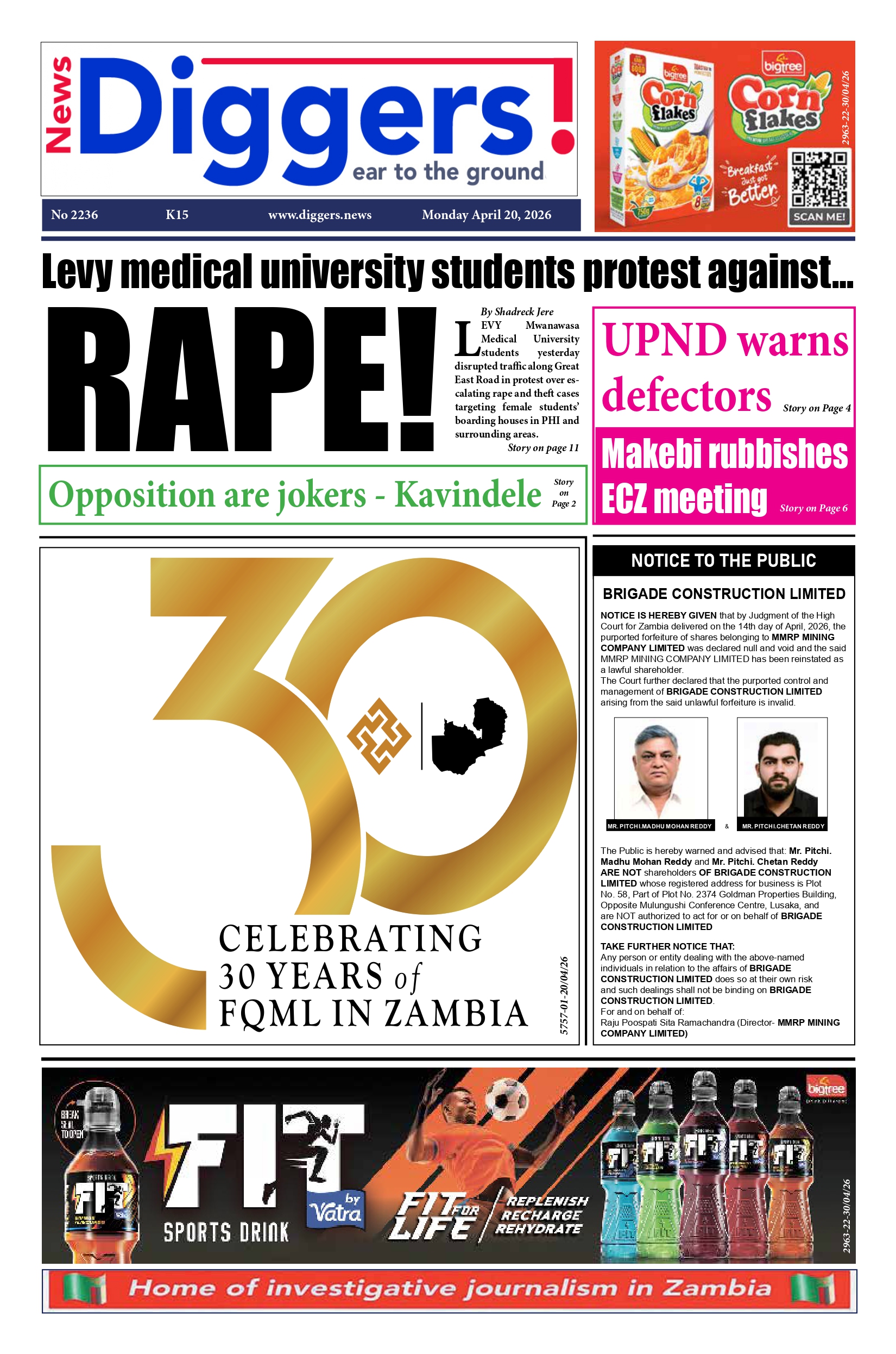 News Diggers Edition 2236 Monday April 20, 2026 – Zambia: News Diggers!