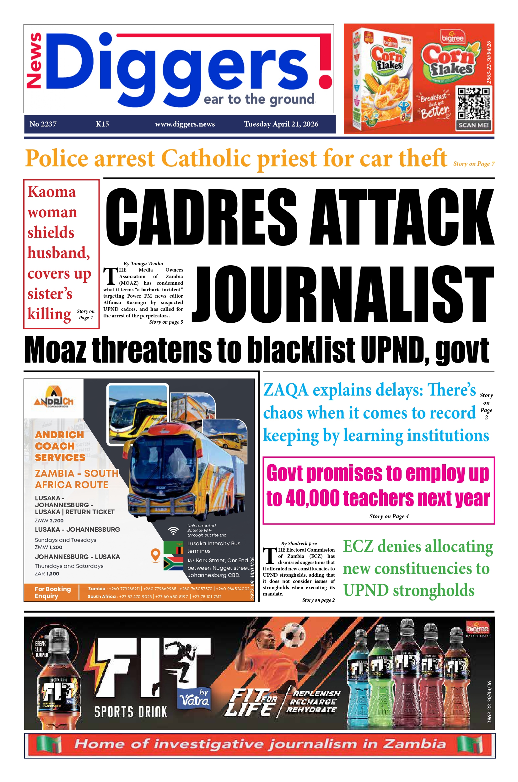 News Diggers Edition 2237 Tuesday April 21, 2026 – Zambia: News Diggers!