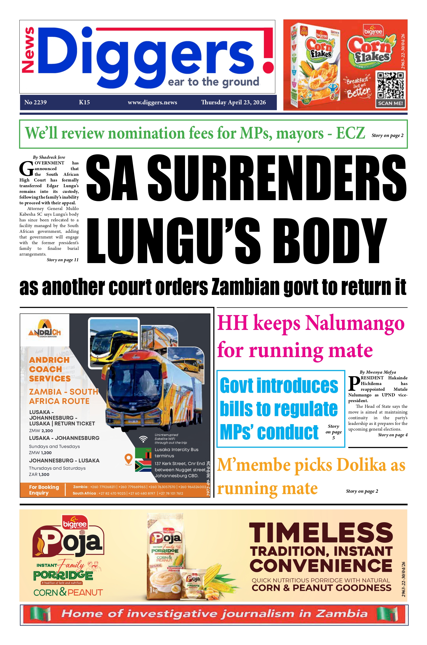 News Diggers Edition 2239 Thursday April 23, 2026 – Zambia: News Diggers!