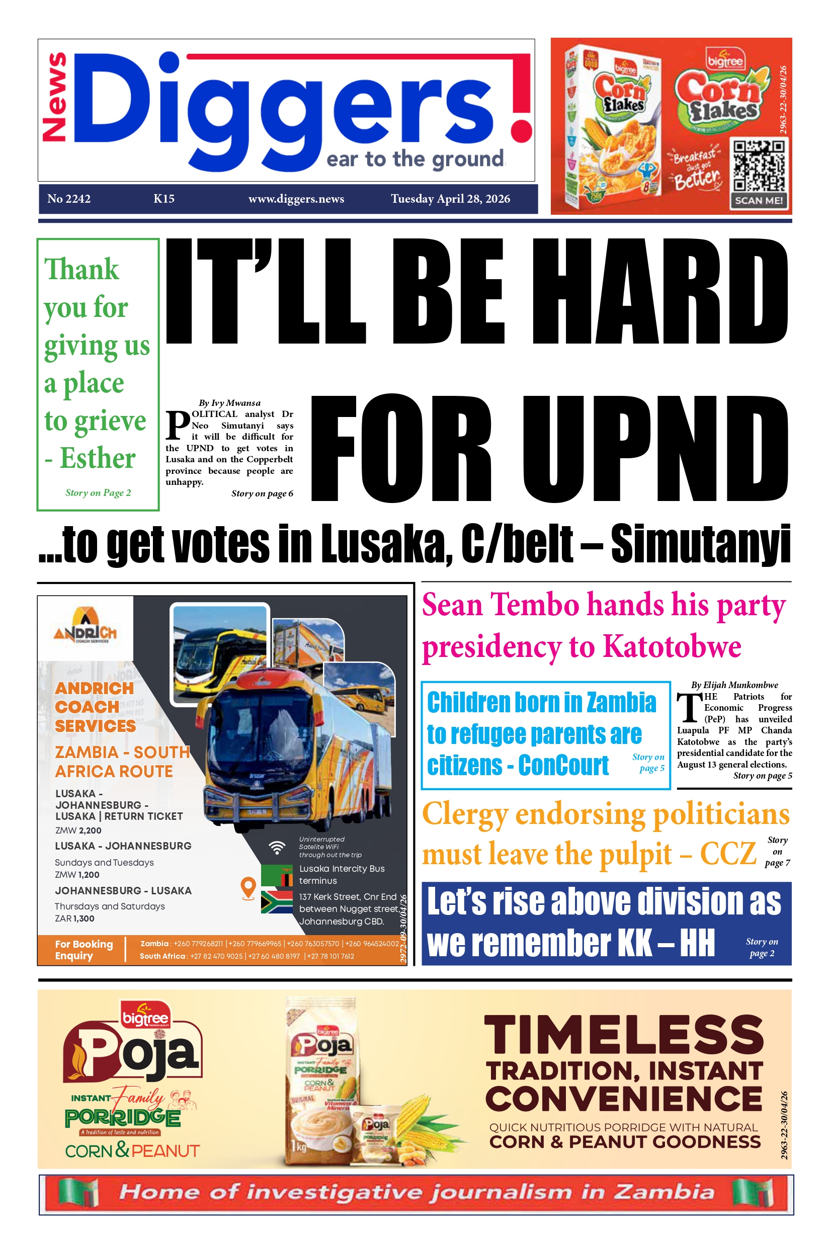 News Diggers Edition 2242 Tuesday April 28, 2026 – Zambia: News Diggers!